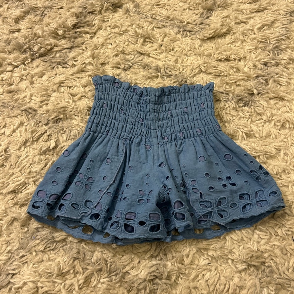 High Waist Blue Eyelet Skirt-Style Women's Shorts